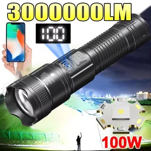 High Strong Power Led Flashlights 300000LM Tactical Torch with Display Light USB Charging Camping Fishing Defensa Zoom Lantern